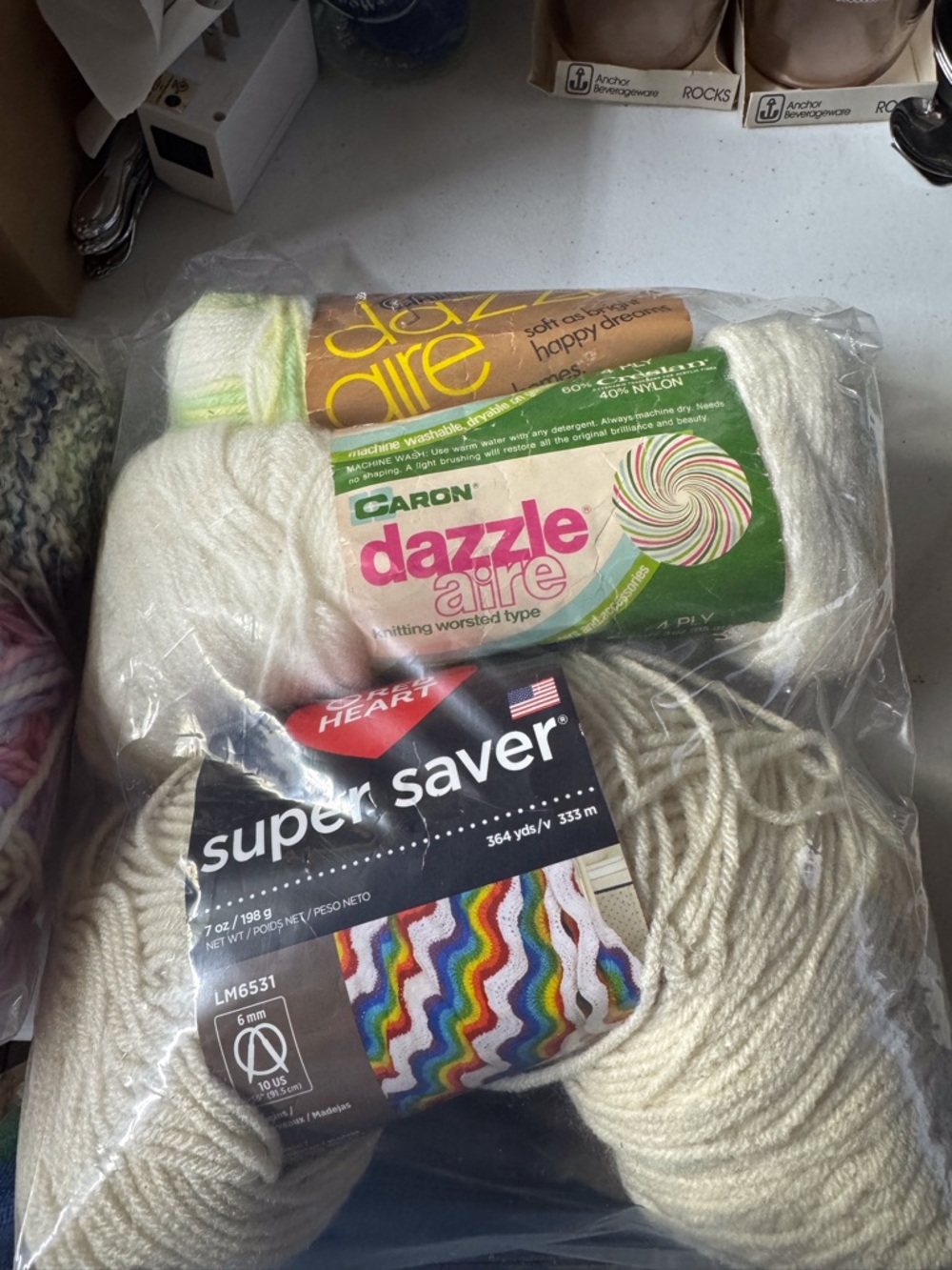 Vintage Caron Dazzle Aire & Red Heart Super Saver  Yarn lot 5 total rolls